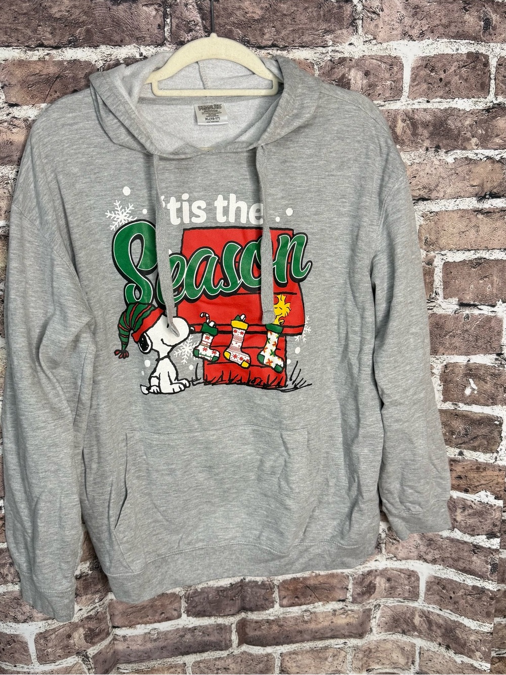 Peanuts Snoopy Christmas Hoodie Womens XL 15-17 Gray Tis the Season Woodstock